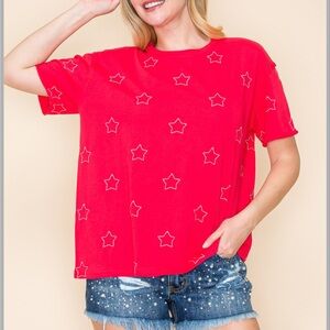 Star Embroidered Knit Top- Red